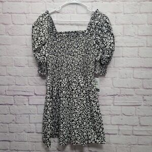 NEW Everlily Black & White Floral Smocked Mini Dress Sz L Boho Cottagecore Party